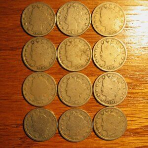Assortment of 12 V Nickels with date range of 1903 through 1912